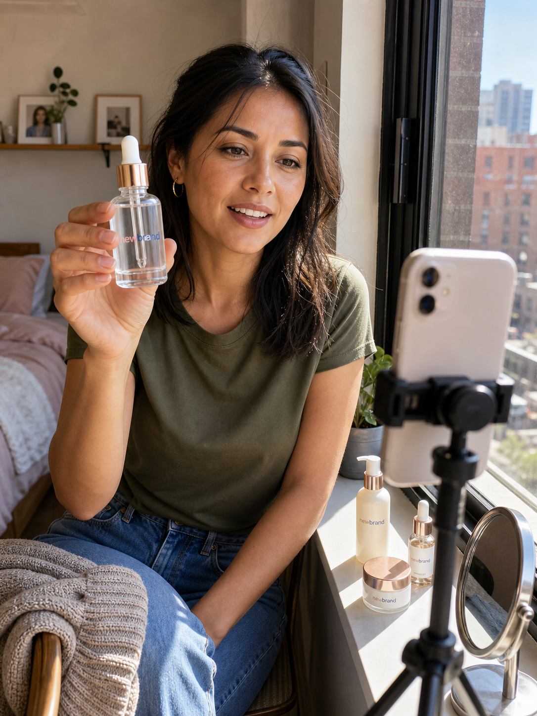 A creator demonstrating a product by a window on camera